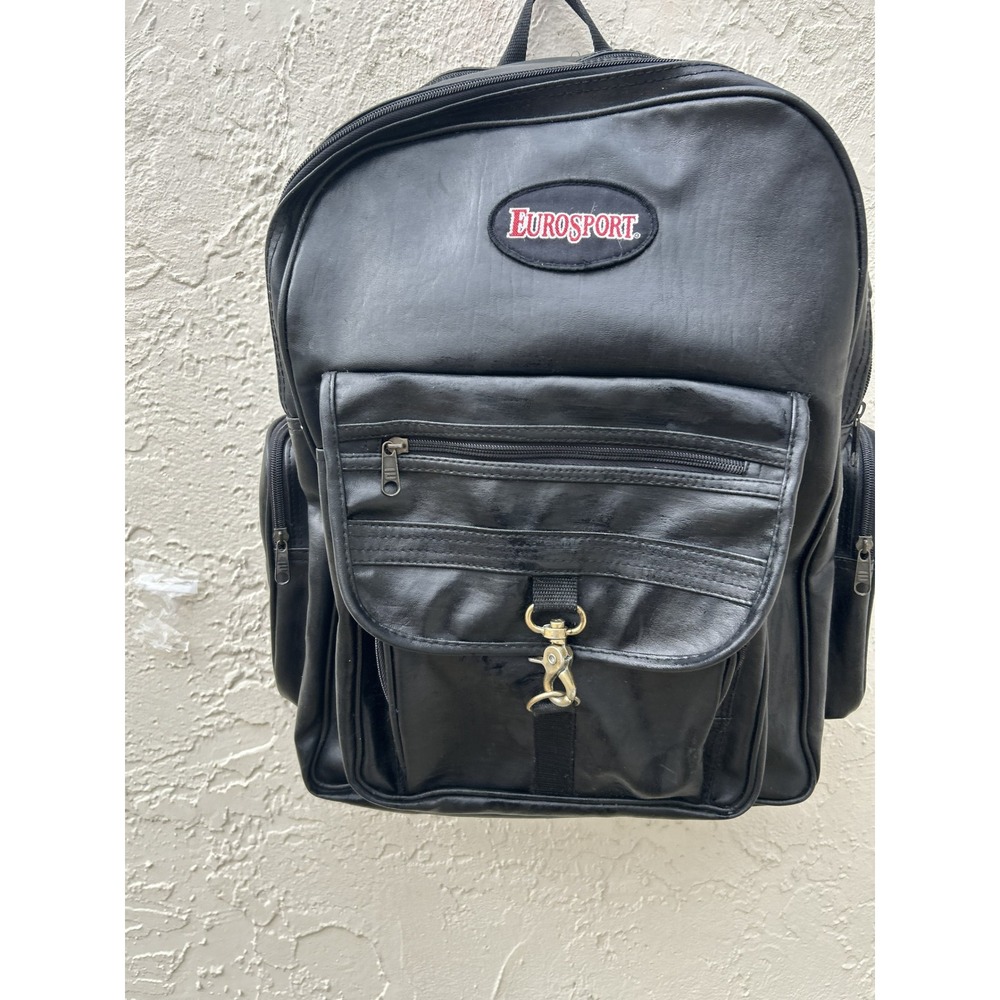 Eurosport Vintage Black  Leather Multi-Pocket Backpack Rucksack Bag